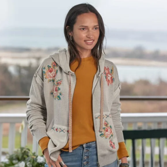 Sundance Annabeth Zip Hoodie Floral Embroidered Gray Women's Size Small - Picture 10 of 10